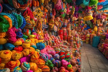 Vibrant Assortment of Mexican Candy at Local Market, Fresh Fruits and Vegetables for Sale