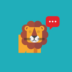 Cute Geometric Lion with Speech Bubble in Flat Style ,  Ideal for children’s content, educational materials, storybooks, animal-themed products, and graphic design projects.