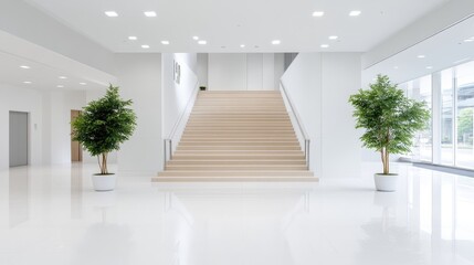 A light-beige staircase is centrally positioned in a bright, minimalist lobby. Two small potted trees flank it symmetrically. The high-resolution image showcases clean lines and a polished floor. The
