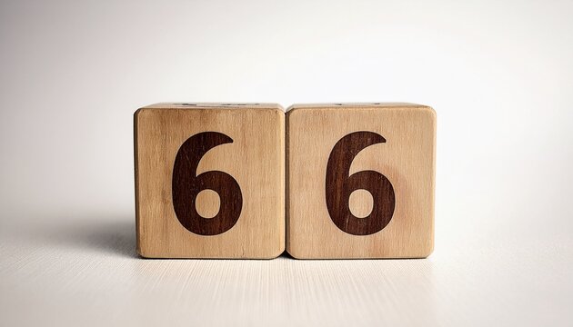 Minimalist photo of a wooden block with the number 66 against a white background