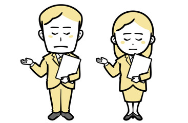 書類を持ち謝る、スーツを着た若い男女