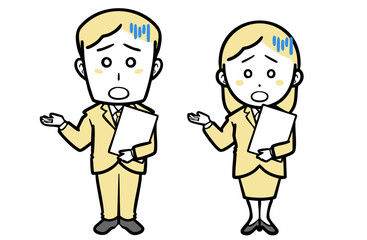 困った表情で書類を持つ、スーツを着た若い男女