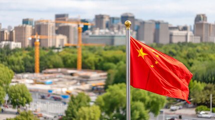 Waving China flag stands prominently with a backdrop of urban development and construction
