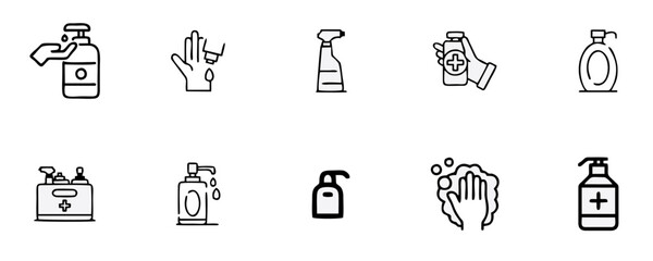 Hand Washing Line Icons. Editable Stroke. Pixel Perfect. For Mobile and Web. Contains such icons as Bacterium, Bathroom, Bubble, COVID-19, Cleaning Sponge, Dirty, Dryer, Faucet, Hand Dryer, Human Hand