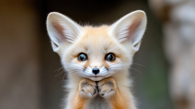 A cute fennec fox kit is shown, its paws neatly tucked under its chin. The image features a shallow depth of field, focusing on the fox. The photo is high-resolution and boasts excellent lighting, en