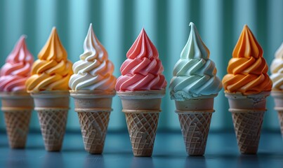 various ice cream cones on turquoise green background