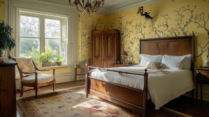 A well lit bedroom featuring antique furniture and vibrant floral wallpaper