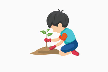 a child plants a tree in the garden.