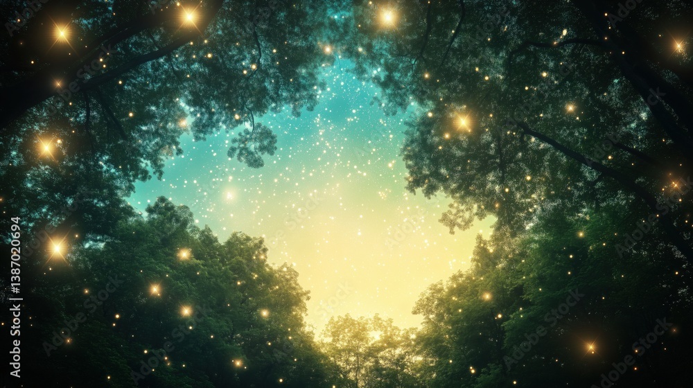 Wall mural a serene forest scene illuminated by twinkling stars and a gradient sky.