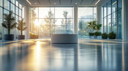 A well-lit office with an empty podium in focus, surrounded by large windows and glass walls 