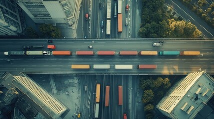 Obraz premium Aerial View of Urban Highway Intersection with Colorful Cargo Containers