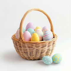 Fototapeta premium Hand-painted decorative easter eggs in a woven basket isolated on white background for festive use