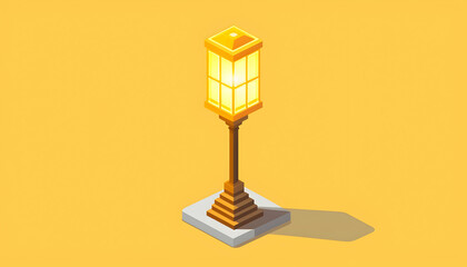 Glowing Golden Pixel Art Street Lamp on Pavement Against a Yellow Background Isometric Illustration Retro Urban Design with Cube Shaped Lantern