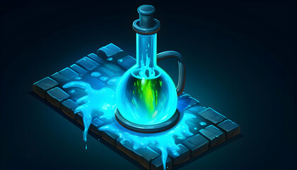 Glowing Potion in Glass Bottle with Aqua Blue Spills on Stone Tiles Pixel Art Style Illustration