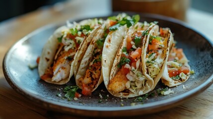 A plate of crispy fish tacos with cabbage slaw and lime wedges. Featuring freshness and spice