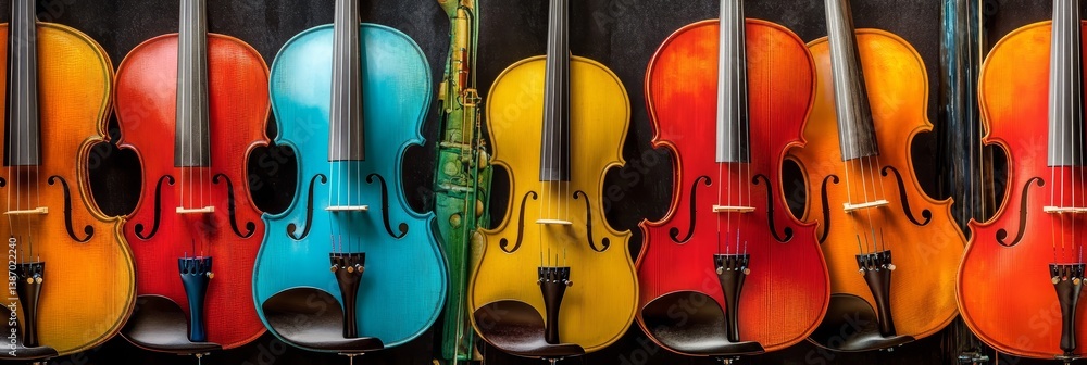 Aufkleber row of colorful violins hanging together musical instruments stringed instruments.
