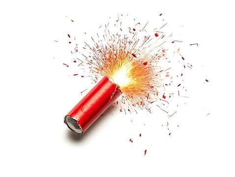 Red firecracker exploding on white background