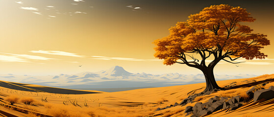 Golden Hilly Landscape with Deciduous Tree at Sunset Pixel Art Style with Distant Mountain and Warm Tone Background