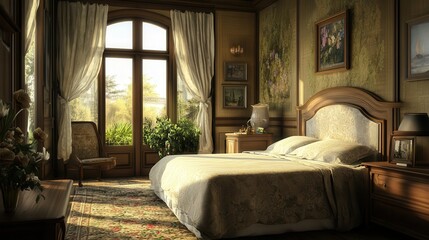 Fototapeta premium 3D Perspective of a Cozy Chambre Featuring Elegant Furniture and Soft Pillows