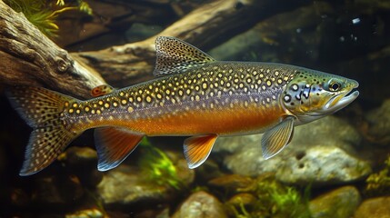 Naklejka premium Adult Brook Trout (Salvelinus fontinalis) in Freshwater Habitat Surrounded by Aquatic Plants - A Stunning Example of European Freshwater Wildlife