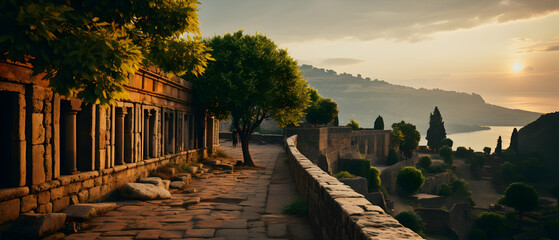 Golden Sunlight Illuminating Stone Pathway Through Ancient Architecture Overlooking Coastal Scenery and Distant Mountains
