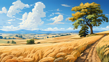 Golden Wheat Field with Green Tree under Blue Sky and White Clouds in Countryside Rural Landscape on a Sunny Day Pixel Art