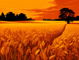Golden Wheat Field with Silhouetted Trees Under Sunset Sky in Rural Landscape