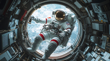 An astronaut in a space station, floating with advanced technological tools around, space environment visible through windows
