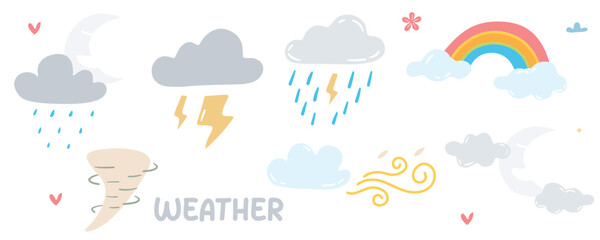 Set of icons with WEATHER theme. With doodle style. For layout, website, graphic design.	