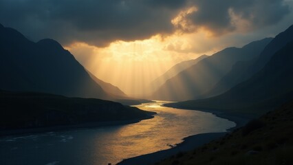 Fototapeta premium River Valley With Golden Light Rays