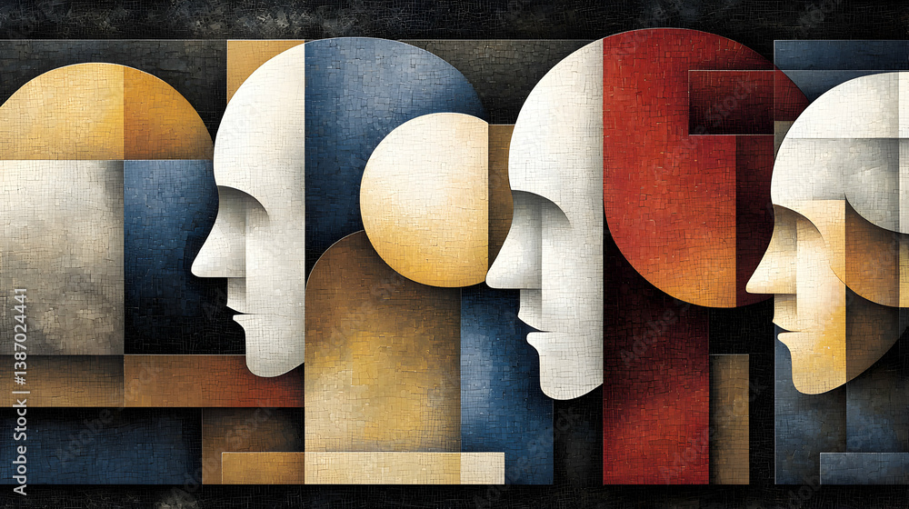 Poster abstract geometric portrait of multiple faces in profile