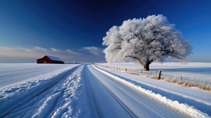 Obraz premium Snowy winter landscape with frost-covered tree and red barn
