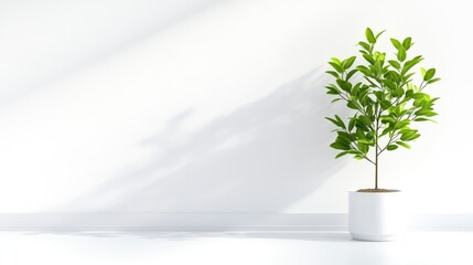Obraz premium Minimalist plant in a white pot against a bright white wall. Sunlight casts gentle shadows