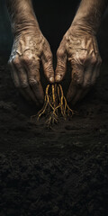Dirt-covered hands lifting tangled roots from deep soil, symbolizing hard labor, farming tradition, and organic growing practices.