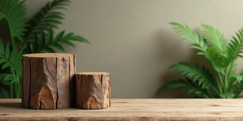Rustic Wooden Display Stands with Lush Greenery Background, Perfect for Product Showcase or Nature-Inspired Designs