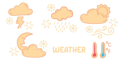 Set of icons with WEATHER theme. With doodle style. For layout, website, graphic design.	