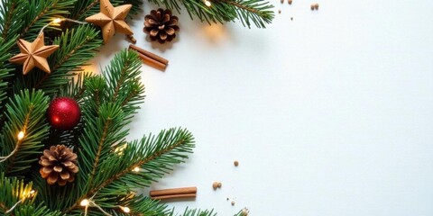 Festive Winter Holiday Scene with Evergreen Branches, Star Ornaments, Pinecones, Cinnamon Sticks, and Sparkling Lights on White Background