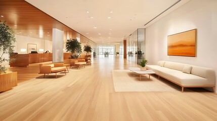Fototapeta premium Serene Modern Office Lobby with Warm Wood Floors