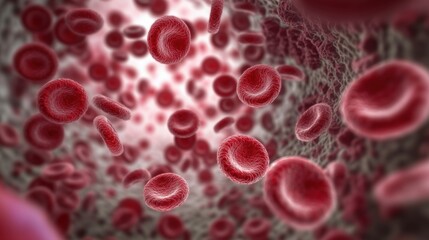 Close-up view of red blood cells flowing through a blood vessel.