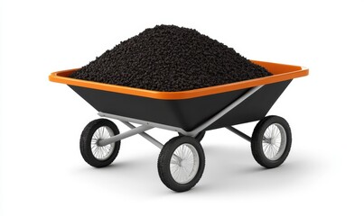 Wheelbarrow filled with soil, isolated on white background; gardening, landscaping, construction
