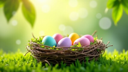 Fototapeta premium Pastel Easter Eggs In Nest Outdoors