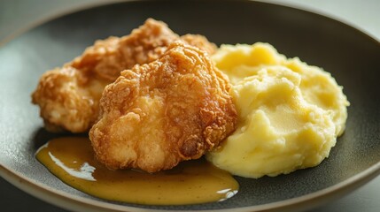 A plate of crispy fried chicken with mashed potatoes and gravy. Featuring indulgence and comfort