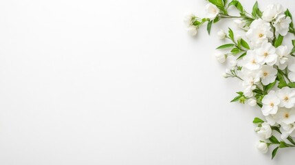 Fototapeta premium White Blossoms Green Leaves Minimalist Style High-resolution Bright Lighting Horizontal Corner Arrangement Delicate Spring Flowers White Background Pure White Mood Wedding Invitations