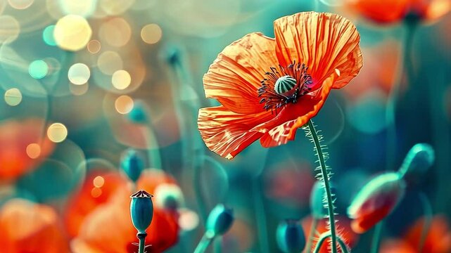 Vibrant orange poppy flower blooms in serene garden, surrounded by delicate petals and dreamy bokeh background, showcasing enchanting beauty of nature.