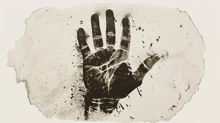 A grunge human hand print made from black ink color on white paper background. Generated AI