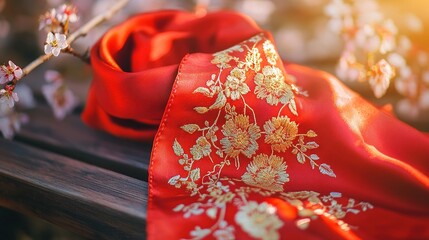 Vibrant red silk scarf with golden embroidery symbolizes youth and hope, set against blooming cherry blossoms.