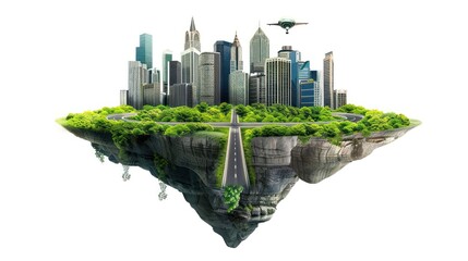 A city is shown in the air with a road and a plane flying over it