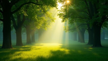 Naklejka premium Sun Rays Shining Through Forest Trees