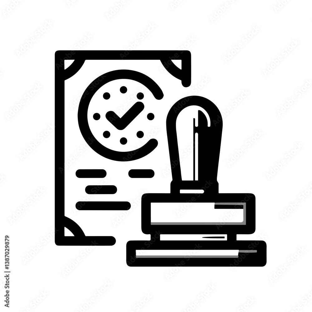 Poster document approval icon with a stamp and clock in minimalistic style