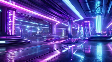 An empty room with a purple neon lights
